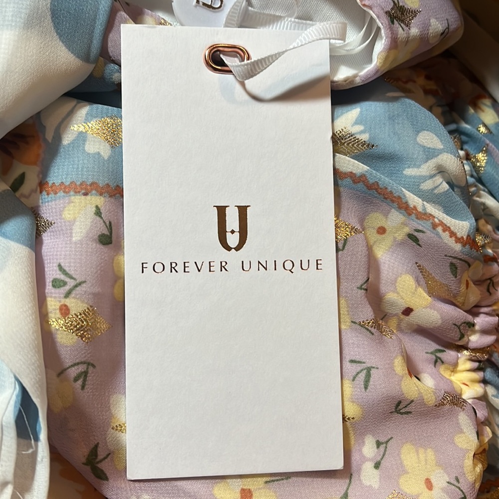 FOREVER UNIQUE Halter Gold Blue Purple Floral Handkerchief Hem Dress, Sz 2 NWT - Picture 11 of 12